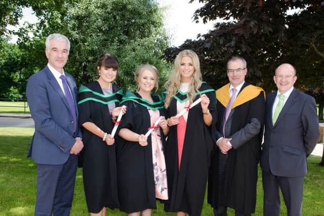 Mr Norman Fulton (Deputy Secretary, DAERA) congratulated First Class Honours Degree Food graduates Alexandra McAlister (Ballymoney), Linda Elder (Campsie) and Janice McNutt (Castlecaulfield) on being awarded the DAERA Prizes for attaining the highest marks on their courses at the Loughry Campus Awards Day Ceremony with Mr Martin McKendry (Director, CAFRE) and Professor Steven Walker (Director General, Campden BRI).
