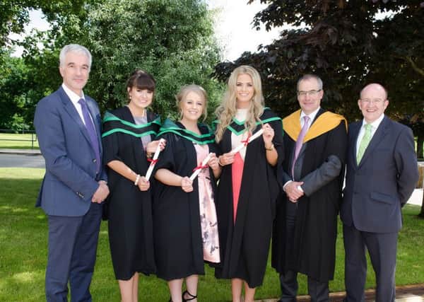 Mr Norman Fulton (Deputy Secretary, DAERA) congratulated First Class Honours Degree Food graduates Alexandra McAlister (Ballymoney), Linda Elder (Campsie) and Janice McNutt (Castlecaulfield) on being awarded the DAERA Prizes for attaining the highest marks on their courses at the Loughry Campus Awards Day Ceremony with Mr Martin McKendry (Director, CAFRE) and Professor Steven Walker (Director General, Campden BRI).
