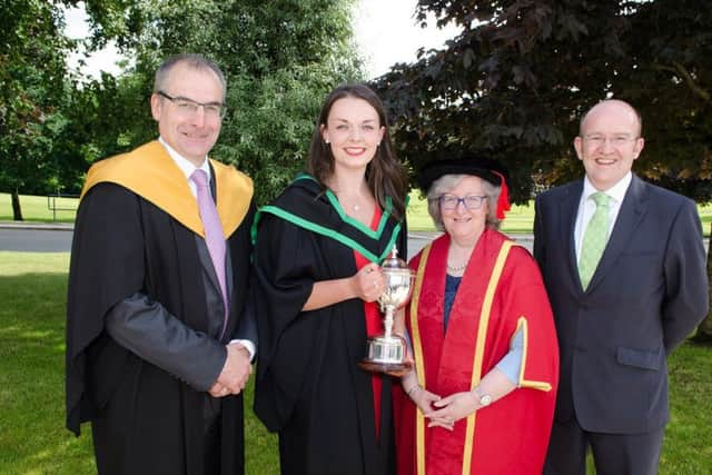First Class Honours Food Technology Degree graduate Emeryn Erwin (Hillsborough) and President of the Students Representative Council was congratulated on her outstanding graduation success at the Loughry Campus Awards Day Ceremony by Professor Carol Curran (Dean of the Faculty of Life and Health Sciences, Ulster University) who conferred the Degree qualifications. Also featured are Mr Martin McKendry (Director, CAFRE) and Guest Speaker, Professor Steven Walker (Director General, Campden BRI).