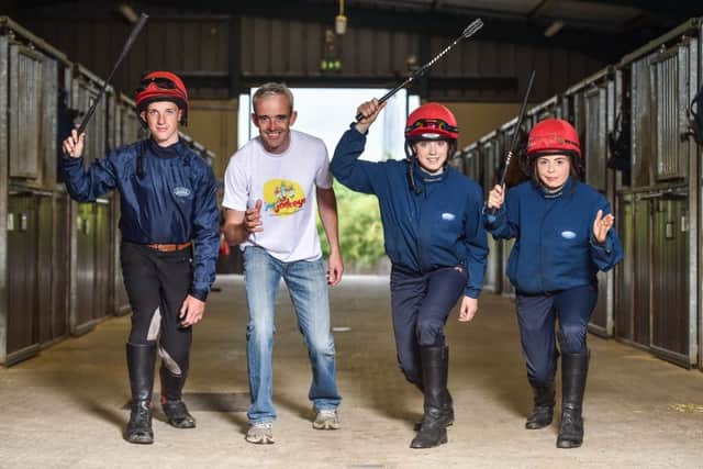 Ruby Walsh with apprentice jockeys, from left, Cian Walsh, from Donadea, Co Kildare, Nessa O'Brien, from Nenagh, Co Tipperary, and Lisa Marie Owens, from Kilmead, Co Kildare, in attendance at the Jog for Jockeys 5km and 10km launch at R.A.C.E., Curragh House, in Kildare Town, Co Kildare. PICTURE: Cody Glenn/Sportsfile
