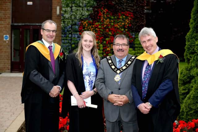 Sorana Willis (Lisburn), top student on the Level 3 Extended Diploma in Horticulture was awarded the DAERA Prize at the Horticulture Awards Ceremony. Pictured with Sorana celebrating her success are Martin McKendry (CAFRE Director) Councillor John Scott (Mayor of Antrim and Newtownabbey Council) and Paul Mooney, (Head of Horticulture Education Branch).