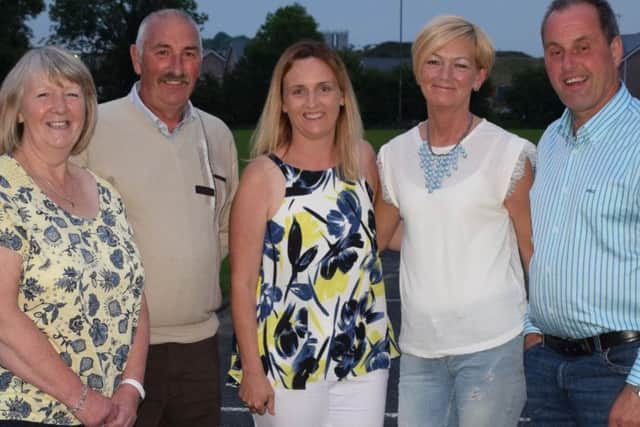 Reserve flock winners Patrick and Rhonda Donnelly, Steve Buckley, judge, and wife Louise, Orla Butler, branch secretary