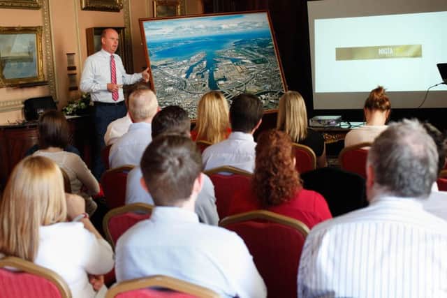 Joe O'Neill, Commercial Manager, Belfast Harbour, speaking at the Harbour Comissioner's office as part of the NIGTA Trade Awareness Course. Photograph: Columba O'Hare