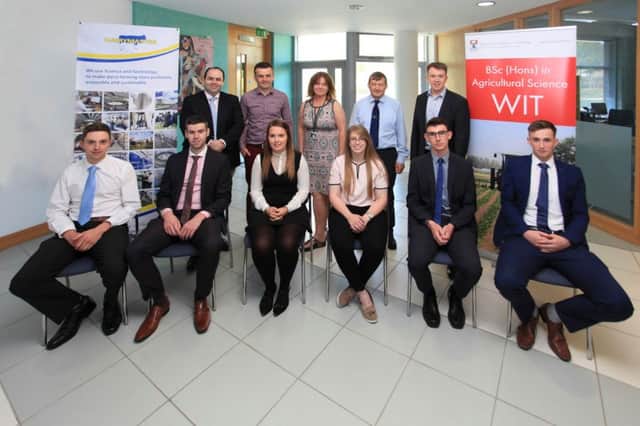 Finalists and judges in the Dairymaster Student Award 2016. Pictured from front left are: John Molloy (award winner), Tom Murray (finalist), Ãine Butler (award winner), Sarah Fitzgerald (finalist), Eoin Finnegan (finalist), SeÃ¡n Murphy (finalist). Back left: Dr Edmond Harty (CEO Dairymaster), Dr Michael Breen (Programme Leader BSc Agricultural Science, WIT), Dr Orla ODonovan (Head of Department of Science, WIT), Mr Paul Hennessy (Teagasc, Principal Kildalton Agrcultural College) and Dr John Daly (Research and Innovation Manager, Dairymaster)
