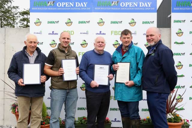 Gold and diamond Award winners who received their certificates at the IHFA National open day were left to right: John OFlynn, Ballinascarty, Co Cork, Seamus Curran,  Killorglin, Co Kerry, Michael Langan, Enniscrone, Co Sligo, Stanley Wright, Ballymahon, Co Longford, pictured with Richard Geraghty, FBD Group, sponsor. A Gold Award is awarded to a cows having yielded 3,000kgs of protein in her lifetime and Diamond Awards to cows having yielded 3,000kgs of protein in her lifetime and Classified EX