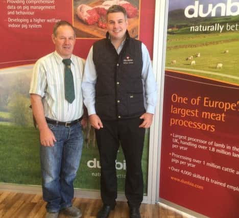 Colin Barnes of the Irish Beltex Sheep Breeders Club (left) with William Allister of sponsors, Dunbia. A fundamental part of Dunbias business activities is to seek continual improvement from farm to fork as improved grades help to increase farmers returns.