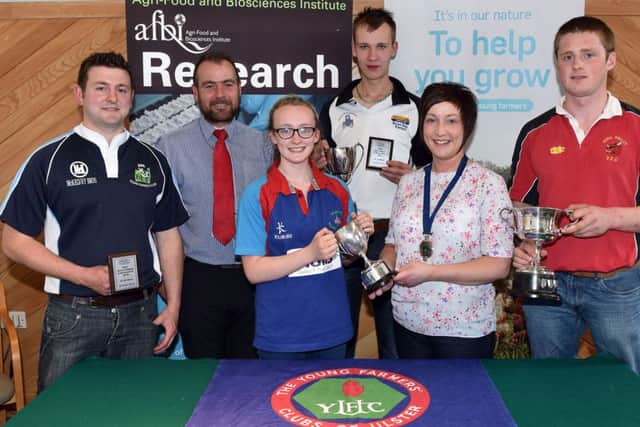 Some of the winners from the Stock judging beef finals. Pictured left to right are: David Dodd, first in the 25-30 age category; Connor McNeill from sponsor Ulster Bank; Cara Millar, first in the 12-14 age category; William Smyth, first in the 16-18 age category; YFCU president Roberta Simmons and Robert Keatley, first in the 21-25 age category