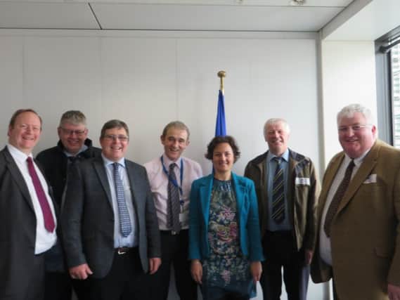 Pictured during a recent meeting in Brussels are Richard Jones and
John Martin, from Holstein UK; Gary McHenry, Fair Price Farming Northern Ireland; Tom Tynan and Stephanie Maeder, from DG Agri; Andrew Dutton Holstein UK and Charlie Weir, Fair Price Farming Northern Ireland