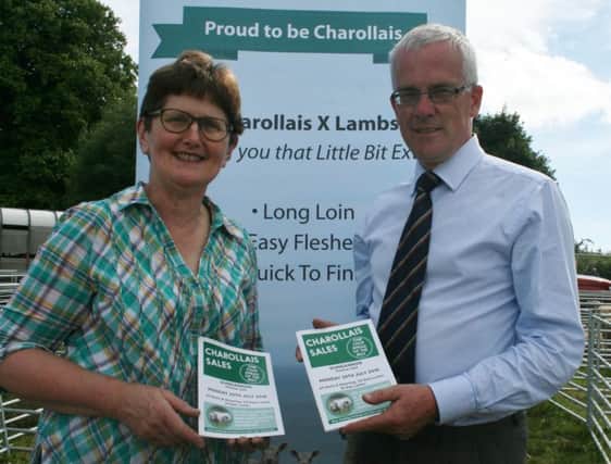 John Henning Danske bank discusses the forthcoming Charollais Sheep Sale in Dungannon Market with Sheila Malcomson