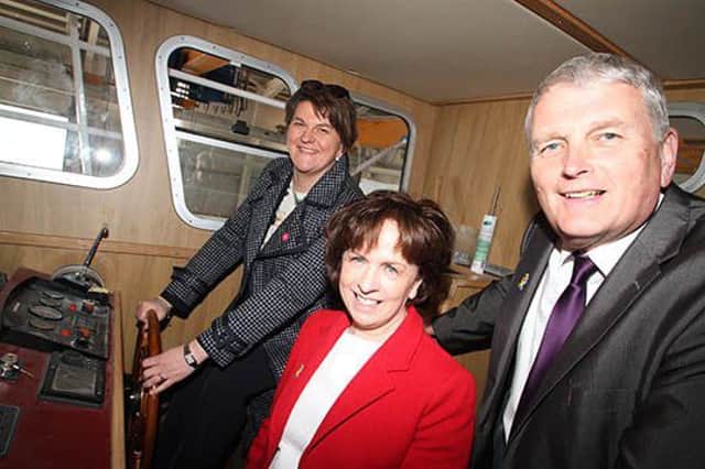 DUP party leader Arlene Foster and MEP Dianne Dodds pictured with Jim Wells, DUP South Down candidate on a recent visit to a boatyard in Kilkeel.
