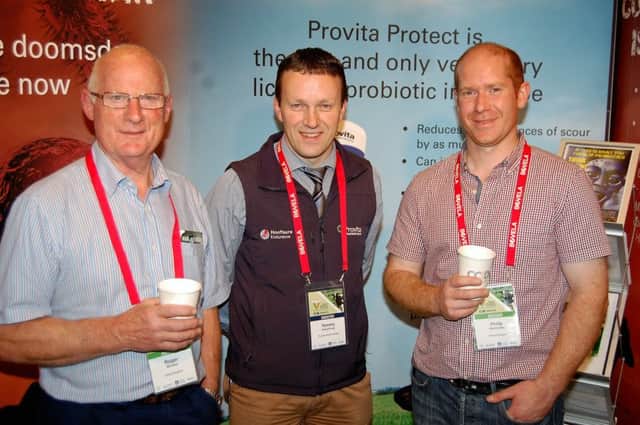 Chatting on the Provita stand at the recent World Buiatrics' event in Dublin are  Roger Blowey, veterinary consultant: Tommy Armstrong, Provita and Philip Abernethy, Parklands' veterinary group