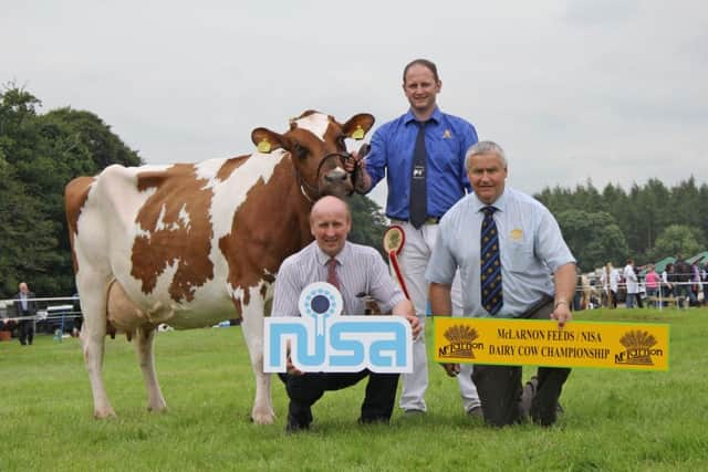 Michael Hunter, Crumlin, with Ardmore Miranda 2 EX91, the second Antrim Show qualifier for the 2016 McLarnon Feeds/NISA Dairy Cow Championship. Also pictured are Robert Dick (NISA) and Harold Stevenson (McLarnon Feeds).