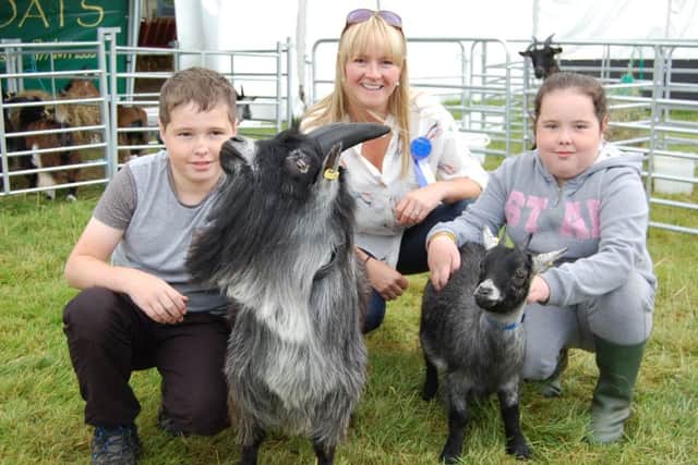 SeÃ¡n Convery and his sister MÃ¡ire, from Maghera, chatting to the Goat Steward Elaine Clarke at Clogher Valley Show