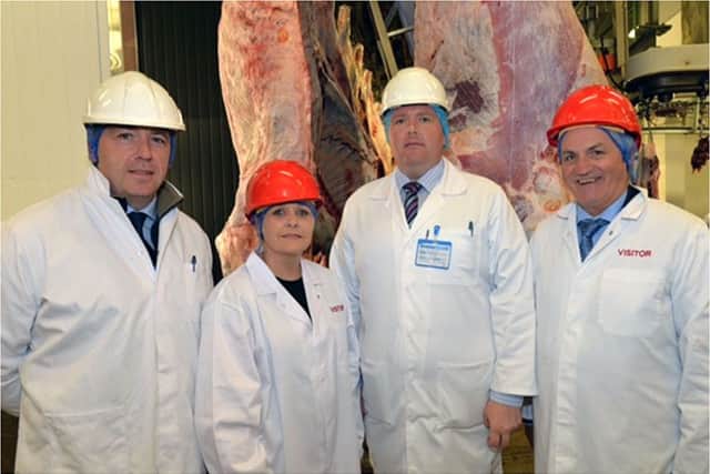 Agriculture Minister Michelle McIlveen visited Dunbia's processing facility in Dungannon Co Tyrone where she met with Group Executives and staff to discuss the processing sector. Pictured (from left-right) are William Chesney, DAERA Veterinary Service, Minister Michelle McIlveen, John Martin, DAERA Veterinary Service and Mr Jim Dobson, Chief Executive Dunbia Group.