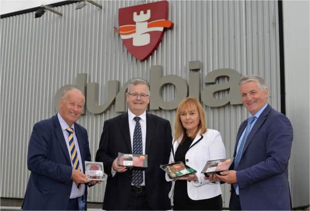 Agriculture Minister Michelle McIlveen visited Dunbia's retail and processing facilities in Dungannon, Co Tyrone where she met with Group Executives to discuss the processing sector. Pictured (from left to right) are; Mr Jack Dobson, Dunbia Group Executive Director, Mr Tony O'Neill, Deputy Chief Executive, DAERA Minister Michelle McIlveen and Mr Jim Dobson OBE, Dunbia Group Chief Executive.