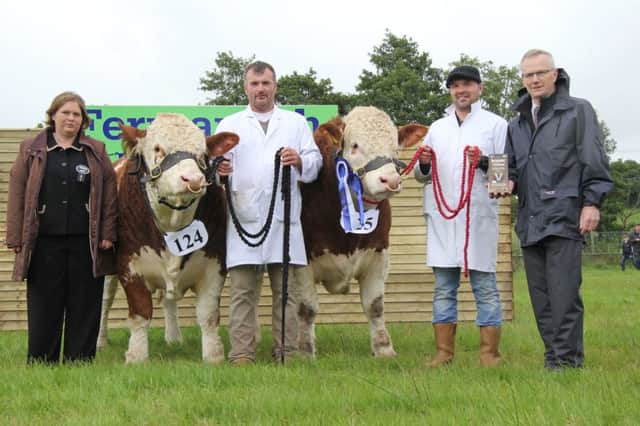 Alan and Neil Wilson, Newry, exhibited the reserve Ivomec Super Simmental Pair of the Year winners Ballinlare Farm Goldenballs and Ballinlare Farm Galaxy. They were congratulated by judge Bridget Borlase, Hertfordshire, judge; and sponsor Philip Clarke, Merial Animal Health. Picture: Julie Hazelton