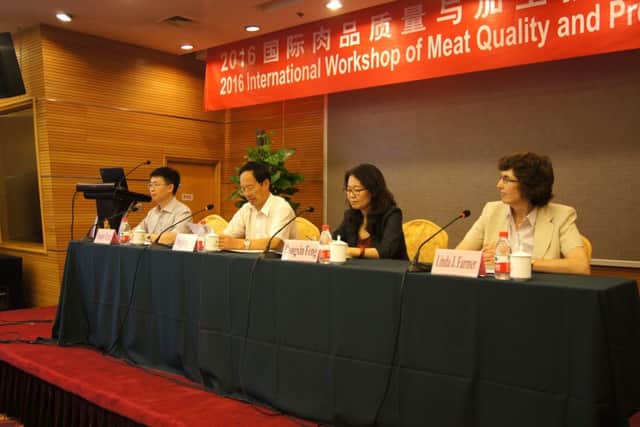 Professor Dequan Zhang, Professor Changjiang Wang, Dr Dongxin Feng and Dr Linda Farmer opening the 2016 International Workshop of Meat Quality and Processing Technology