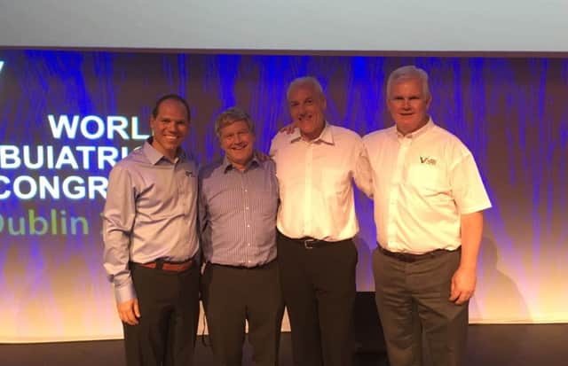 Pictured at the World Buiatrics Congress in Dublin are (l-r) Jeroen van de Ven, Associate Vice President, Global Ruminants Lead Division, MSD Animal Health;  Dr Andy Biggs; Danones Director of Environment and Milk Quality, Didier Moreau and vet Frank OSullivan.