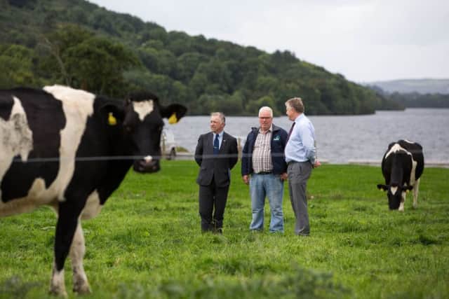 Director of Teagasc, Professor Gerry Boyle, Seamus Molamphy, Portroe, Co Tipperary, and Conor Ryan, CEO Arrabawn Co-Op, at the launch of a new Milk for Profit programme in conjunction with Teagasc. Picture: Sean Curtin/True Media
