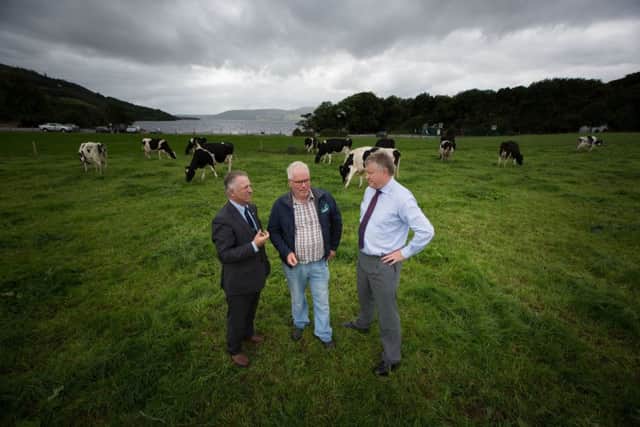 Director of Teagasc, Professor Gerry Boyle, Seamus Molamphy, Portroe, Co Tipperary, and Conor Ryan, CEO Arrabawn Co-Op, at the launch of a new Milk for Profit programme in conjunction with Teagasc. Picture: Sean Curtin/True Media
