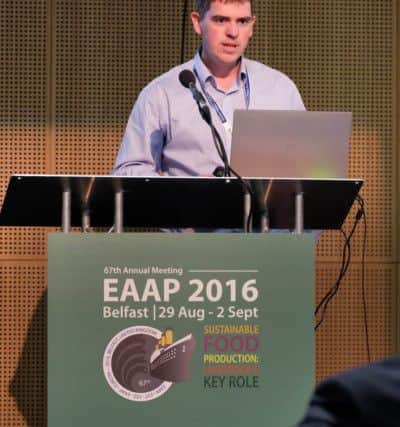 Francis Lively, AFBI speaking at EAAP 2016 in the Waterfront, Belfast. AgriSearch sponsored the session on Using on-farm research and the multi-actor approach to boost effectiveness of knowledge exchange. Photograph: Columba O'Hare