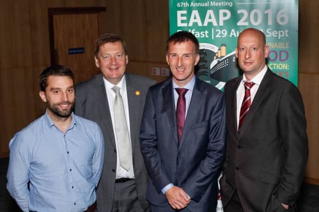 Michael Bell, second from left, Chair, AgriSearch with the three morning speakers at EAAP 2016 in the Waterfront, Belfast. Agrisearch sponsored the session on Using on-farm research and the multi-actor approach to boost effectiveness of knowledge exchange. Speakers from left: Louis Mahy, Tom O'Dwyer and Jonathan Birnie, Dunbia. Photograph: Columba O'Hare