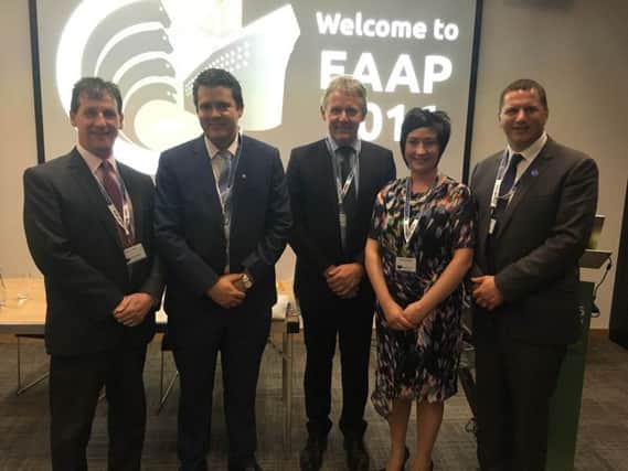 Left to right are UFU CEO Wesley Aston; Macra na Feirme president SeÃ¡n Finan; UFU president Barclay Bell; YFCU president Roberta Simmons and CEJA president Alan Jagoe at the annual meeting of EAAP