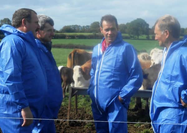 Andrew McCammond, Templepatrick, John Kennedy, Dundrod, with Alan Cairns, Moira, host farmer and group member, discussing the breeding policy for Alan's herd with John Sands, Beef and Sheep Development Adviser, CAFRE, during a recent group visit to his farm