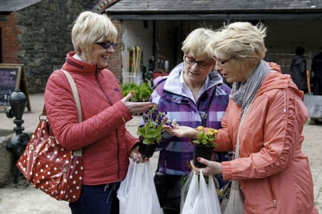 Ladies showing of their purchases at Autumn Plant Fair at Rowallane Garden