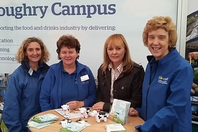 Agriculture Minister Michelle McIlveen stops by the CAFRE stand during her visit to the National Ploughing Championships in Co Offaly. (Left to right) Clare Millar, Catherine Devlin, Agriculture Minister Michelle McIlveen and Joy Alexander
