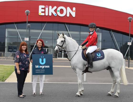 Jenny McNeill, Balmoral Show Sponsorship Executive along with Chloe Hoyle Sales & Marketing at Bluegrass Horse Feeds and Katie McKee with her pony Dougal, get ready for the newly introduced Bluegrass Horse Feeds Schools Team Show Jumping Open Championship at Balmoral Show 2017.