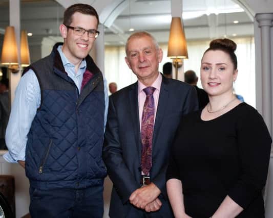 New NI Grain Trade Association member Phillip Moore, left, with Robin Irvine, CEO, NIGTA and NIGTA member Rachel Murray at the 'Grain Trade quarterly meeting, Photograph: Columba O'Hare
