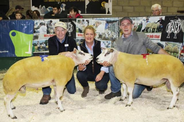 Dermot Murray (right) with Shearling Ram Class winner, Bonecastle Asker and Laurence Murray with second placed Shearling Ram, Bonecastle Avram and judge, Alison McCrabbe.