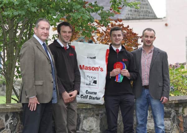 Discussing plans for the inaugural Dungannon Dairy Sale are, from left: auctioneer Michael Taaffe, with sponsors Mark Johnston and Iain Dudgeon, Masons Feeds; and Tommy Henry, vice chairman, Holstein NI. Picture: Julie Hazelton
