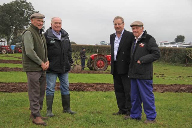 Pictured at Killead Ploughing Society's 100th Anniversary match are, from left: host farmer David Wallace; Councillor Mervyn Rea MBE, Antrim and Newtownabbey Borough Council; South Antrim MP Danny Kinahan; and Samuel Pinkerton, chairman, Killead Ploughing Society. Picture: Julie Hazelton