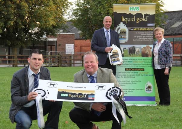 HVS Liquid Gold has confirmed its sponsorship of the Pedigree Calf Fair @ Beef NI Expo. Pictured at the launch of the 2016 event are Paul Elwood, HVS Animal Health, with show secretary Ann Orr; Conrad Fegan, vice chairman, NI Simmental Club; and David Connolly, show chairman. Picture: Julie Hazelton