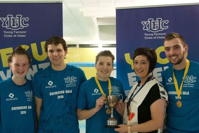 Lisnamurican YFC members who were awarded the David Dunlop Cup for best overall club are pictured with YFCU President Roberta Simmons at the Swimming Gala.