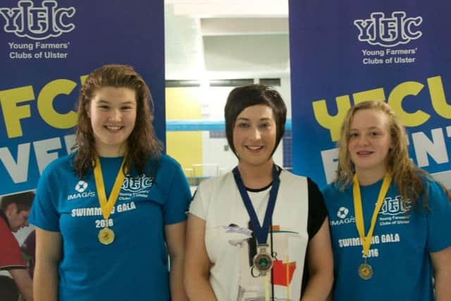 Finalists in the Under 18 Girls category pictured with YFCU President Roberta Simmons. (L-R) Amber Doak, Garvagh YFC (1st) and Catherine Minford, Lylehill YFC (2nd).