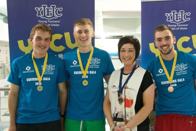 Finalists in the Over 18 Males category pictured with YFCU President Roberta Simmons. (L-R) Mark Johnston, Randalstown YFC (2nd), Jonathan McNaugher, Garvagh YFC (1st) and Michael Marshall, Lisnamurrican YFC (3rd).