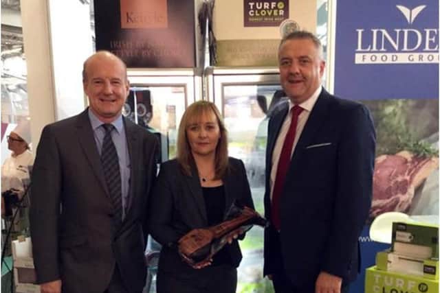Food and Farming Minister Michelle McIlveen pictured at the SIAL global food exhibition in Paris with Trevor Lockhart and Gerry Maguire of Armagh company Linden Food Group.
