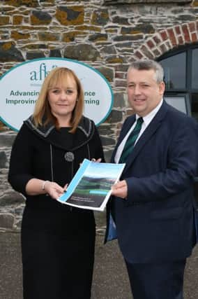 Dr John Gilliland, Chair of expert working group presents DAERA Minister Michelle McIlveen with a report on Sustainable Agricultural Land Management Strategy for NI. The Strategy was launched at an event at AFBI Hillsborough attend by agriculture and environmental stakeholders.