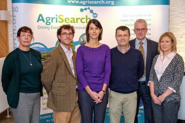 Speakers at the AgriSearch Seminar, Liver Fluke - Translating Research into Practice at AFBI, Hillsbourough. From left: Sue Tongue, SRUC; John Graham-Brown, University of Liverpool; Mary Vickers, AHDB; Philip Skuce, Moredun Research Institute; John Henning, Vice-Chair, AgriSearch and Nicola Beesley, University of Liverpool.