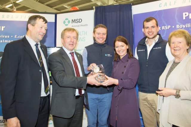 Seamus Crowley (National Dairy Show), Minister Michael Creed (Department of Agriculture), Dr William Minchin MSD Animal Health, Catriona Buckley (Judge) The Irish Examiner, T J Duffy MSD Animal Health and Mrs Josephine Kiely (Judge) during the presentation of Â‘Best Trade StandÂ’ award at the National Dairy Show 2016 held in Millstreet Co Cork