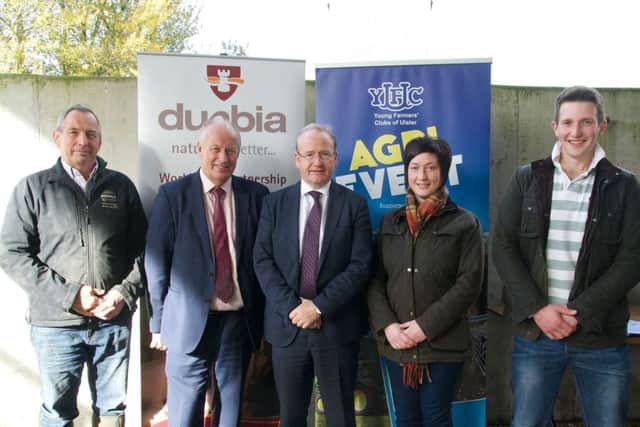 John Best; Jack Dobson, Dunbia; Des Kelly, Cavanagh Kelly; Roberta Simmons, YFCU President and Robert McConaghy, Chair of the YFCU Agriculture & Rural Affairs Committee are pictured at the farm event hosted by Dunbia.