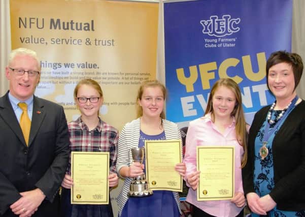Sponsor David Cairns, Agency Development Manager at NFU Mutual is pictured with the winners of the 12-14 category at the Public Speaking Finals. (L-R) Amy Gregg, Glarryford YFC; Victoria Currie, Kilraughts YFC; Francesca Boyd, Coleraine YFC. Also pictured, Roberta Simmons, YFCU President.
