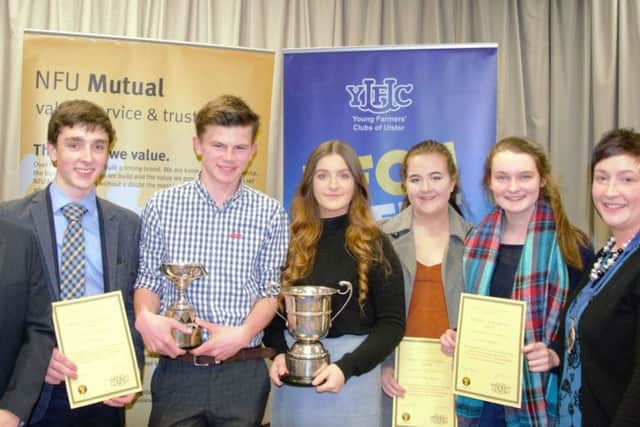 Sponsor David Cairns, Agency Development Manager at NFU Mutual is pictured with the winners of the 16-18 age category (prepared and impromptu) at the Public Speaking Finals. (L-R) Jack Hunter, Moneymore YFC; Thomas McNeill, Kilraughts YFC; Sara Townley, Newtownards YFC; Kathryn McCarroll, Randalstown YFC; Laura Galloway, Randalstown YFC. (Not pictured Laura Stewart, Ballywalter YFC). Also pictured Roberta Simmons, YFCU President.