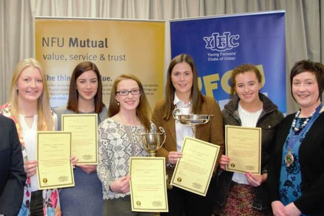 Sponsor David Cairns, Agency Development Manager at NFU Mutual is pictured with the winners of the 18-21 age category (prepared and impromptu) at the Public Speaking Finals. (L-R) Ruth Adams, Coleraine YFC; Sarah Robinson, Newtownards YFC; Rachel Lamont, Coleraine YFC; Lynsay Hawkes, Seskinore YFC; Cathy Reid, Glarryford YFC. (Not pictured, Adam Alexander, Kilrea YFC.) Also pictured Roberta Simmons, YFCU President.