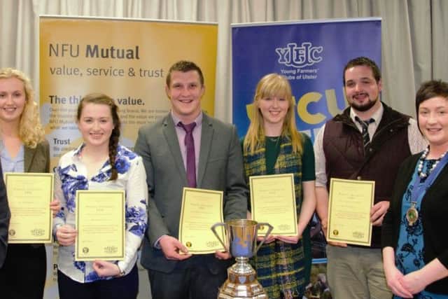 Sponsor David Cairns, Agency Development Manager at NFU Mutual is pictured with the winners of the 21-25 age category (prepared and impromptu) at the Public Speaking Finals. (L-R) Joy Dalzell, Newtownards YFC; Rebecca Lamont, Coleraine YFC; James Purcell, Dungiven YFC; Gemma Dickey, Randalstown YFC, Brookes Allen, Collone YFC. (Not pictured, Alice Purcell, Dungiven YFC). Also pictured Roberta Simmons, YFCU President.
