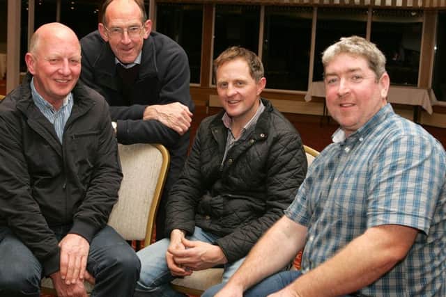 Enjoying a discussion at Fermanagh Grassland Club are Conail Keown (right) Programme Adviser for Dairylink Ireland, guest speaker, with (from left) Ivan Henderson, Lisnaskea; Alan Warnock, Enniskillen and Wayne Ferguson, Springfield.