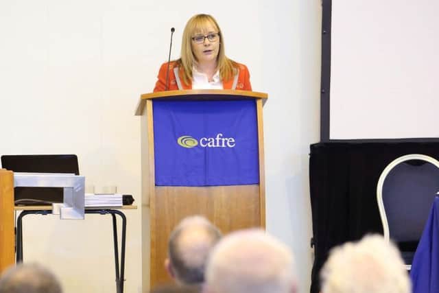 Agriculture Minister Michelle McIlveen speaking at the Progressive Beef Production Conference iat CAFRE's Greenmount campus Co Antrim. The Conference is a joint initiative between CAFRE, Ulster FarmersÃ¢Â¬" Union (UFU), Agri Food Bioscience Institute (AFBI) and Livestock and Meat Commission for Northern Ireland (LMC) and focuses on new development opportunities from both practical farming and scientific viewpoints.beef conference. Picture: Cliff Donaldson